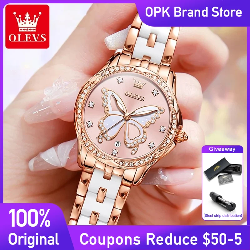

OLEVS 5610Women's Watches Fashion Light Luxury Quartz Watches Butterfly dial Ceramic strap Original Waterproof Date Ladies Watch