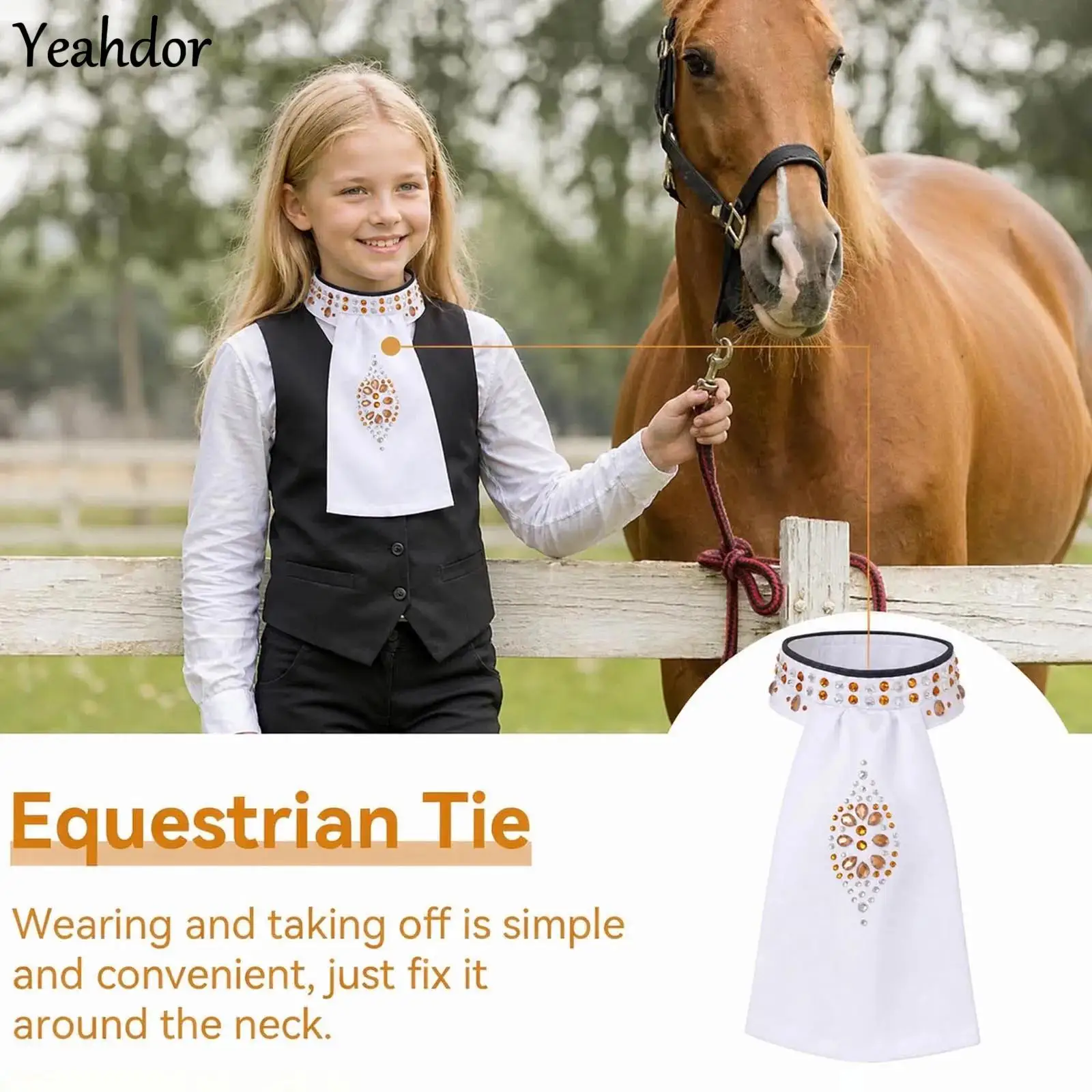 Horse Riding Tie for Kids Equestrian Rhinestones Stock Tie Hook-and-loop Closure Horse Riding Dressage Necktie Competition Ties