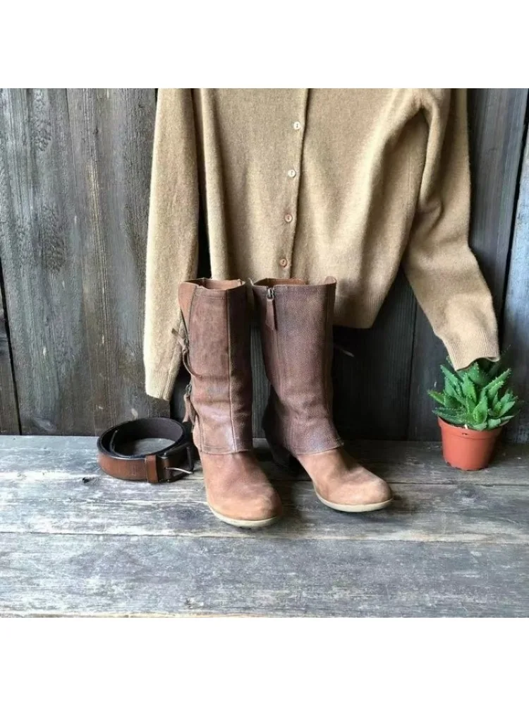 Bottes en cuir PU marron pour femmes, bottes mi-mollet, fermeture éclair, talon optique, bottines d'équitation, mode, strucknight, automne