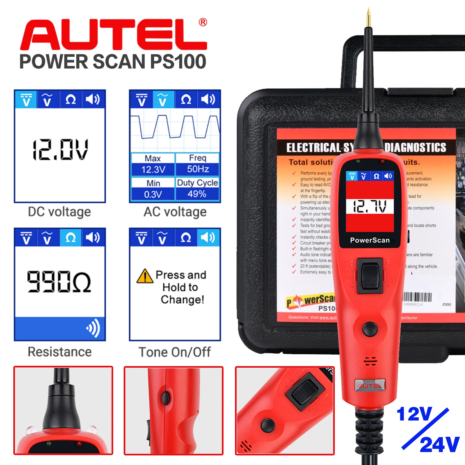 

Autel PowerScan PS100 Car Electrical Circuit Tester Four Work Mode 12V/24V Automotive System Diagnostic AVOmeter Test Tool PS100