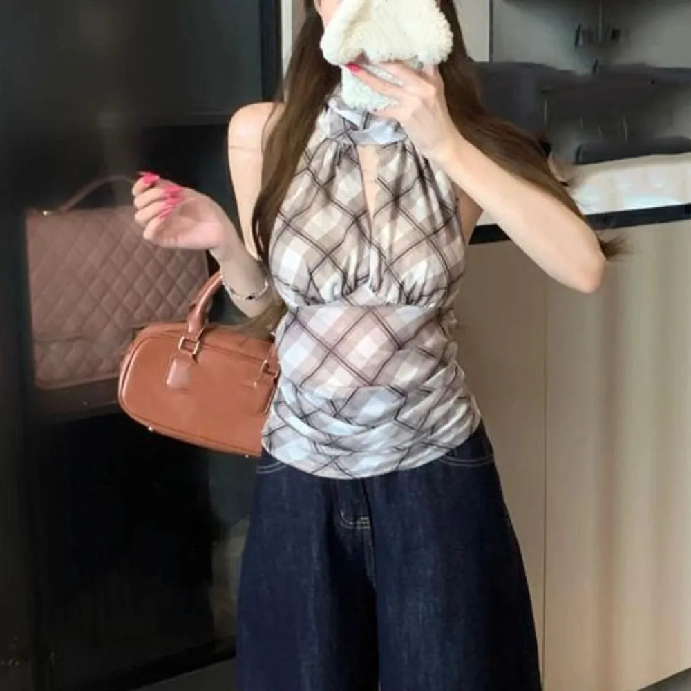 Krótki top na ramiączkach w kratę, bez rękawów, wiązany, plisowany, dopasowany, z odkrytymi plecami, w stylu spicy girl, na wiosnę i lato.