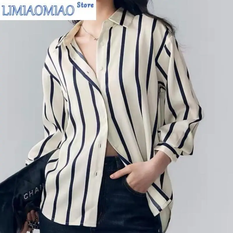 

Весенне-осенняя винтажная полосатая атласная женская блузка, новые корейские повседневные свободные рубашки с отложным воротником и длинными рукавами
