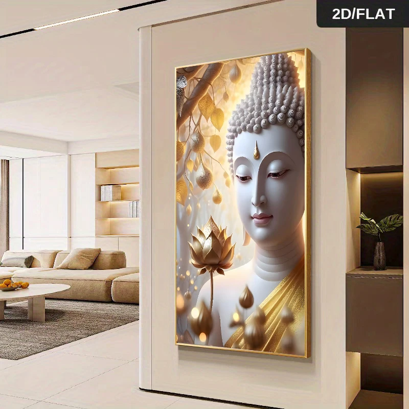 2D Flat,No Framed Modern Wall Art with Golden Lotus Buddha Design - Vertical Canvas Print for Living Room, Bedroom, Office - Ind
