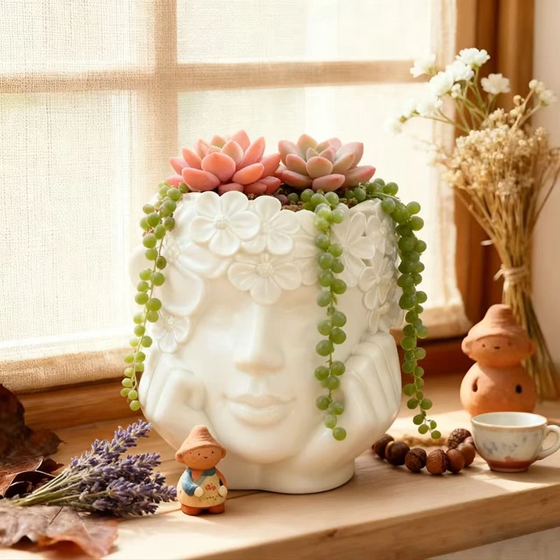 Beautiful Flower Holding Face Girl Flowerpot Green Plants Flower Pot Home Courtyard Garden Decoration Resin Handicrafts Ornament