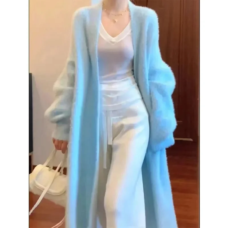 High-quality Soft Style Knitted Sweater Jacket Women Autumn Winter Retro Long Blue Pink Faux Mink Wool Sweater Cardigan Jacket