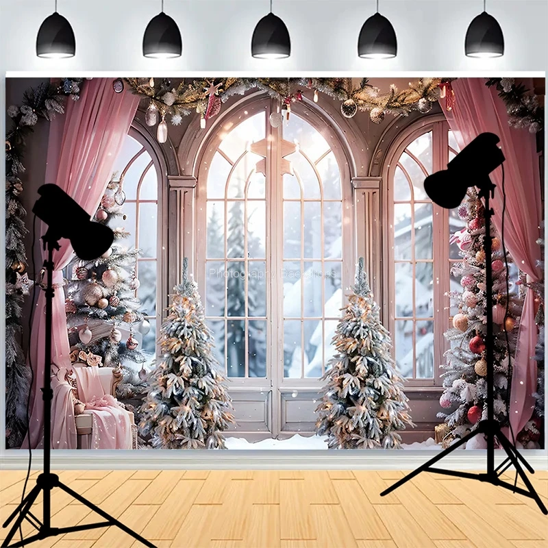 

Christmas Day Background Fireplace Living Room Window Decoration Family Party New Year Photography Backdrops AG-06