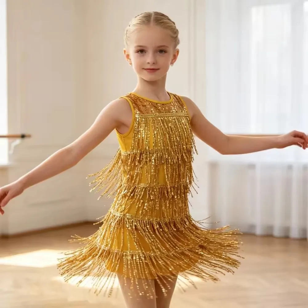 Tassel Girls Dresses Dance Costume Kids Outfit Vestidos Show Girl Latin Dress Tutu Party Children's Clothing Robe Fille Summer 5