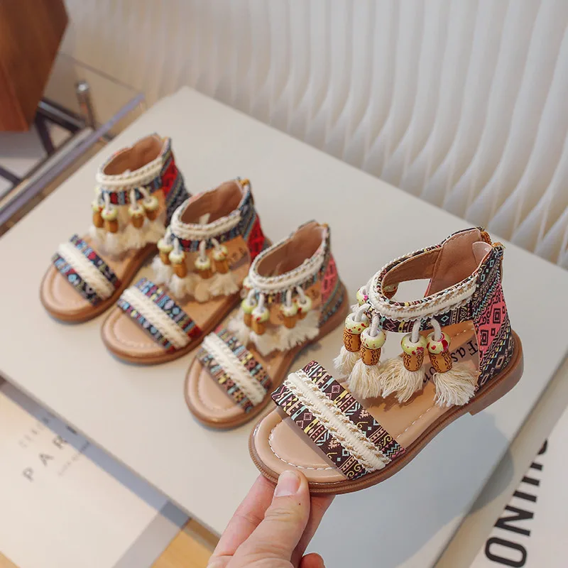 Girls Ethnic Retro Sandals Children Gladiator Sandals Fashion Kids Tassels Princess Shoes All Match Breathable Non-slip