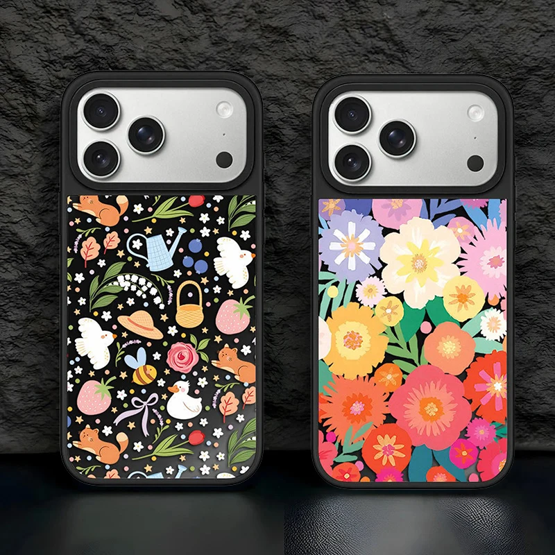 

Flower Garden Black Mirror Surface Magnetic Phone Case Cover for IPhone 12 13 14 15 16 17 Pro Max Case for IPhone 17 Air
