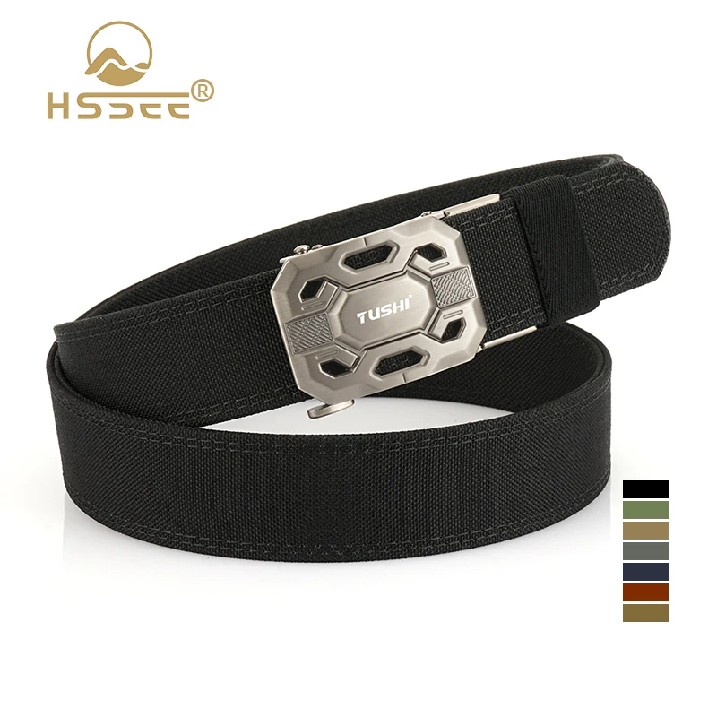 HSSEE New Men's Trousers Belt Durable Genuine Nylon Adjustable Military Tactical Belt Metal Automatic Buckle Black Casual Belt