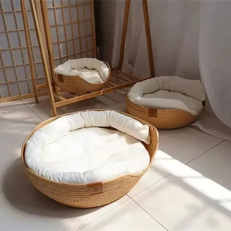 1PC Rattan Woven Pet Cat Bed with Cushion Warm Round Sleeping Basket Sweet Cat Bed Removable Cushion Sleeping House Pet Product