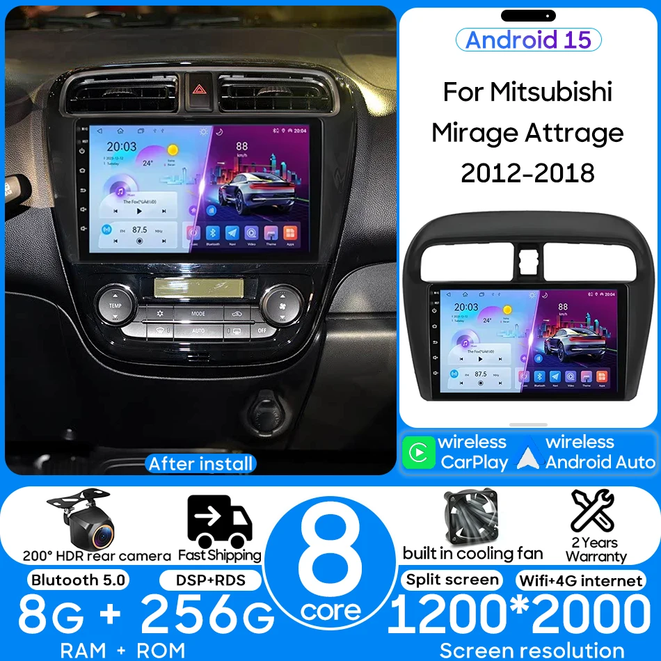 

Для Mitsubishi Mirage Attrage 2012-2018 Android 15 Автомобильный радиоприемник Видео Мультимедийный плеер CarPlay Авто Wi-Fi Головный прибор без 2din DVD