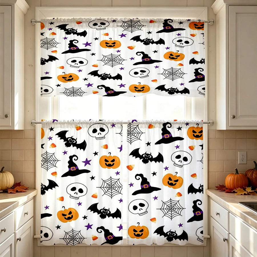 Halloween Fall Kitchen Curtains, Bat Skull Pumpkin Witch, Digital Print, Kitchen Dining Room, Rod Pocket Polyester, Home Decor