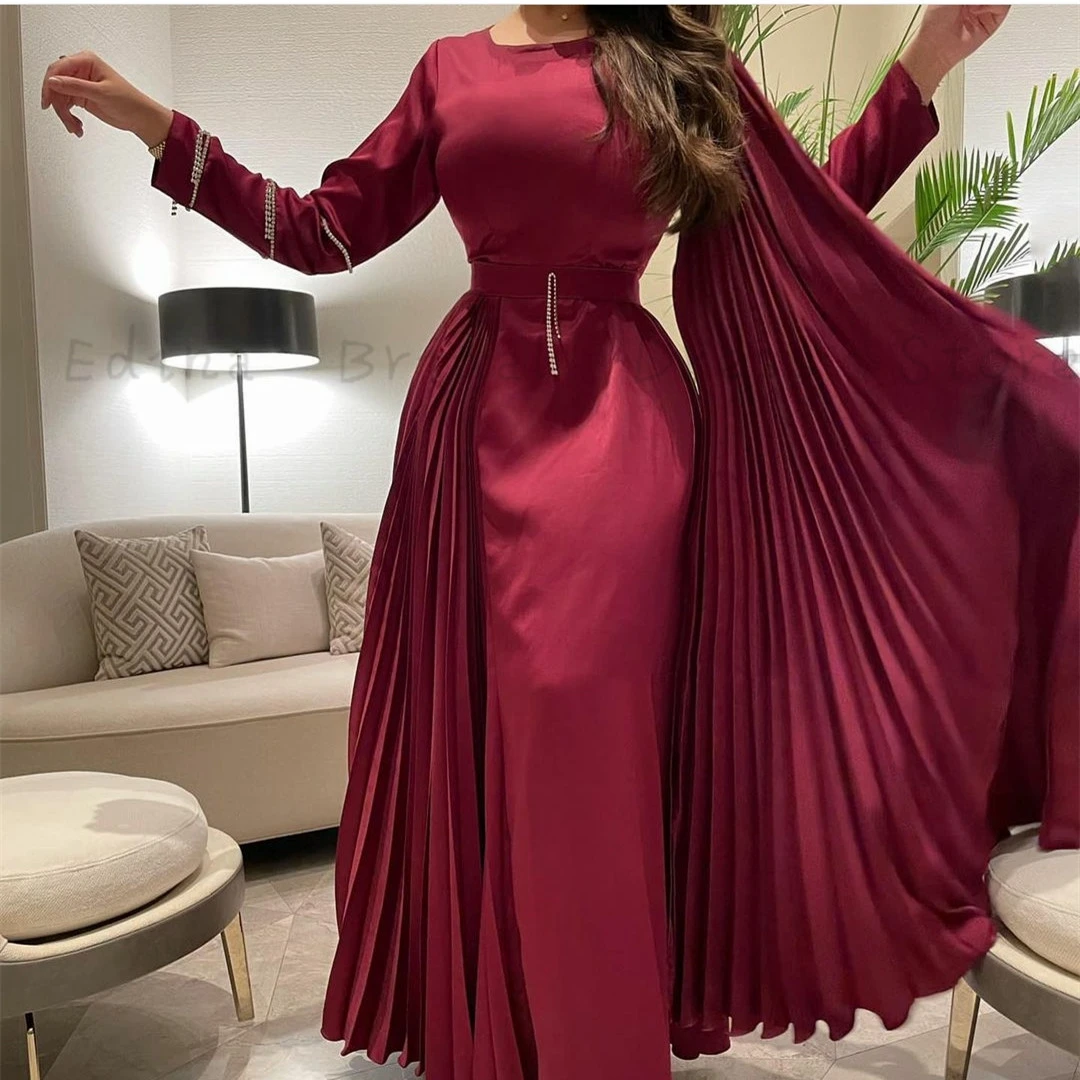 Vintage Long Sleeve Prom Dresses for Musilm Floor Length Wine Red Satin Trumpet Formal Dress for Teens 2023 Pleated vestidos