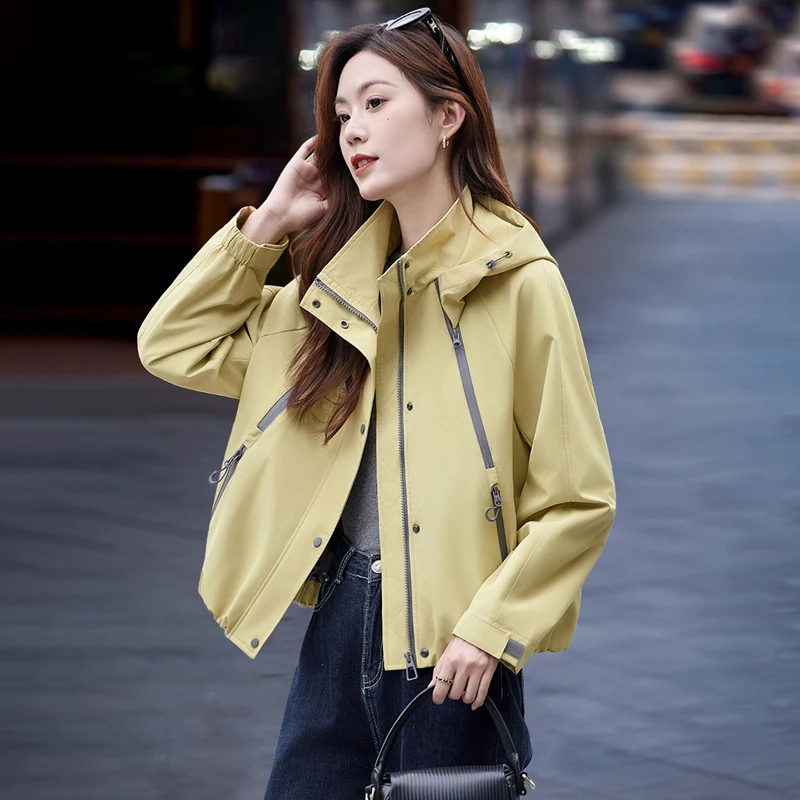 Women's Short Trench Coat Yellow Turtleneck Hooded Outcoat Jacket Spring Fall Street Casual Windproof Versatile Commuter Outfits
