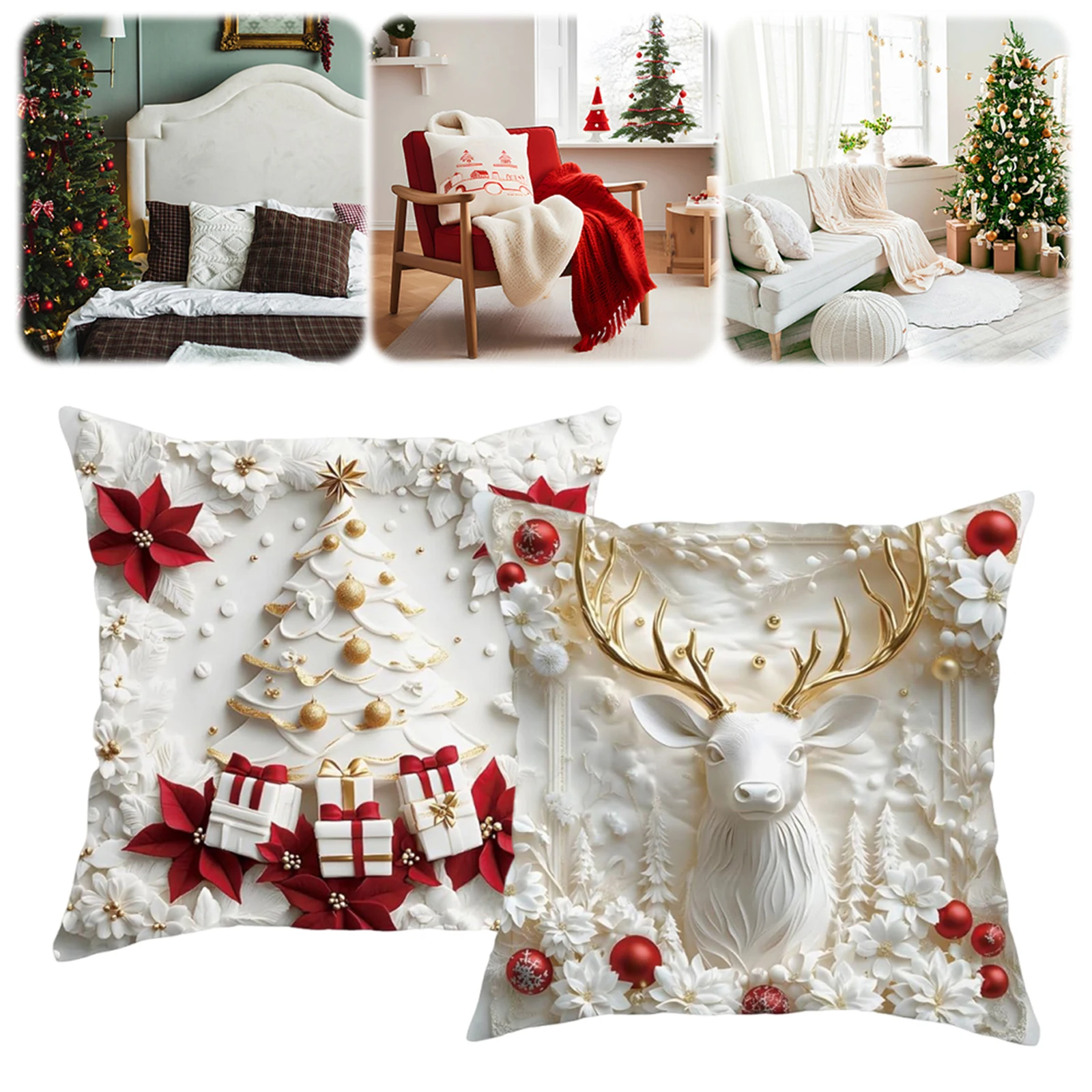 

Christmas Cushion Cover Santa Claus Reindeer Snowman Xmas Tree Holiday Cushion Case for Bedroom Sofa Holiday Winter Home Decor