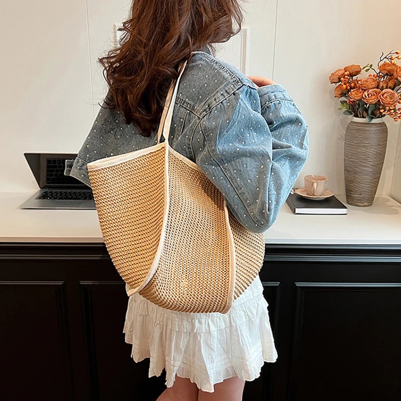 Fashion Crochet Bags for Women Summer Beach Tote Bag Raffia Aesthetic Totes Straw Handbag Bohemian Boho Woven Knit Shoulder Bag