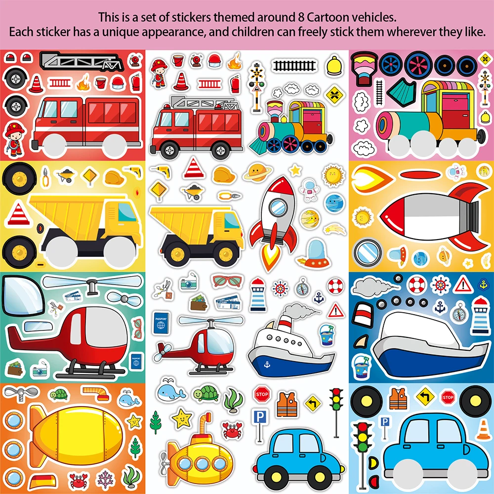 8/16Sheets Cartoon Vehicle Puzzle Stickers Engineering Transportation Kids Educational DIY Cartoon Jigsaw Make a Face Sticker