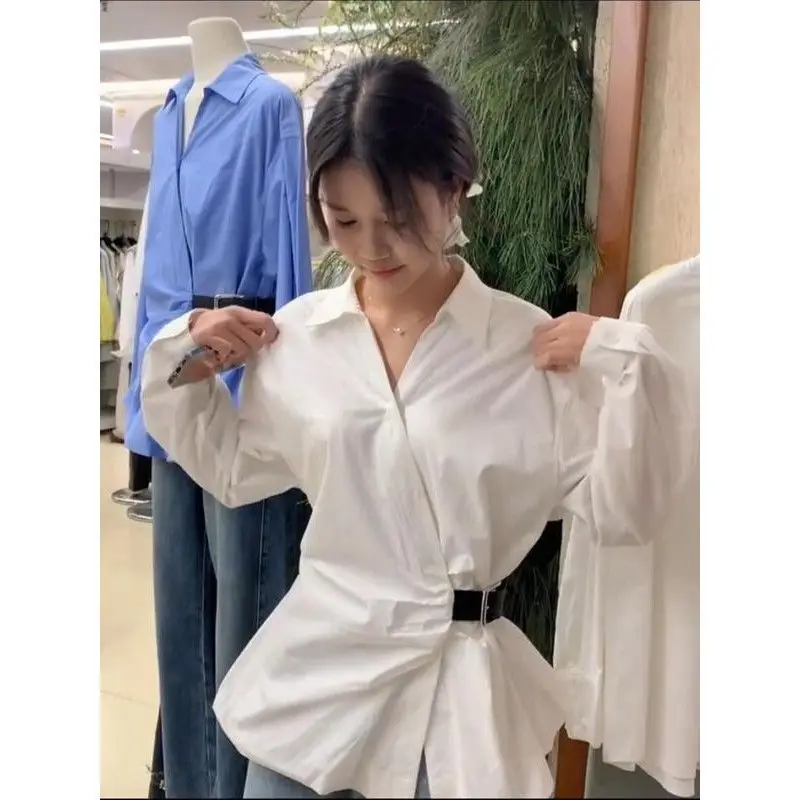Korean version of the design sense Polo collar belt waist thin long-sleeved shirt women's 2025 new chic top shirt