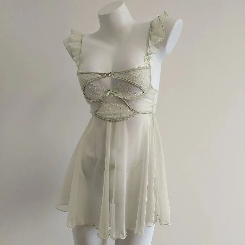Sweet Push Up Bra Nighty for Ladies Erotic Lingerie Mesh See Through Nightgown Pajamas Women Sleepwear Suspenders Nightdress New