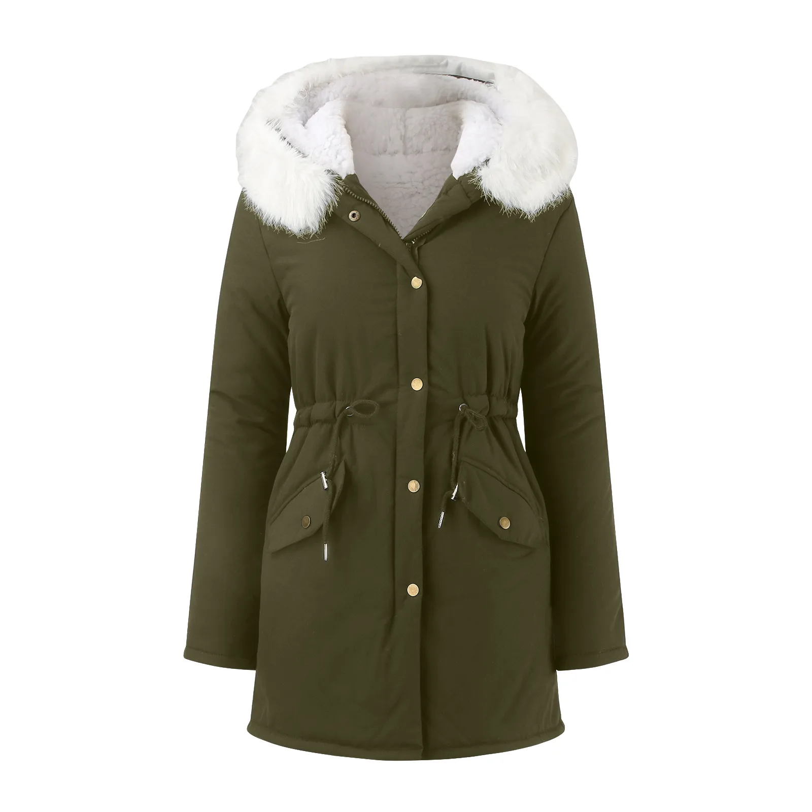 Doudoune longue à capuche pour femme, manteau épais, vêtements rembourrés en coton, coupe couvertes, col de cheveux, sourire, hiver