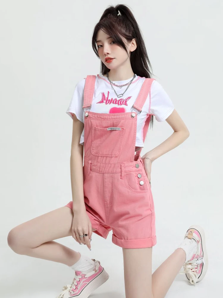 

Pink Denim Overalls Women's Summer Loose Wide Leg Pants Slimming ort orts Faionable And Comfortable Casual Jeans