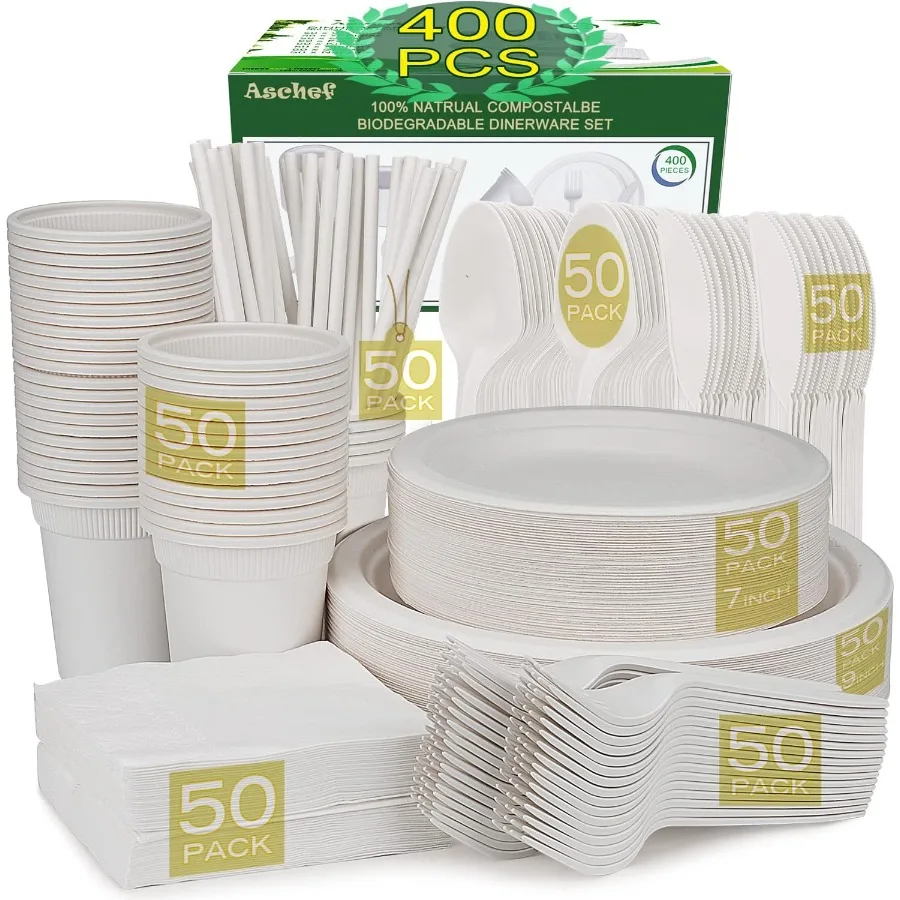

400pcs EcoFriendly Disposable Paper Plates Bulk and Cups Napkins Cutlery Sets NonPlastic Biodegradable Compostable Dinnerware f