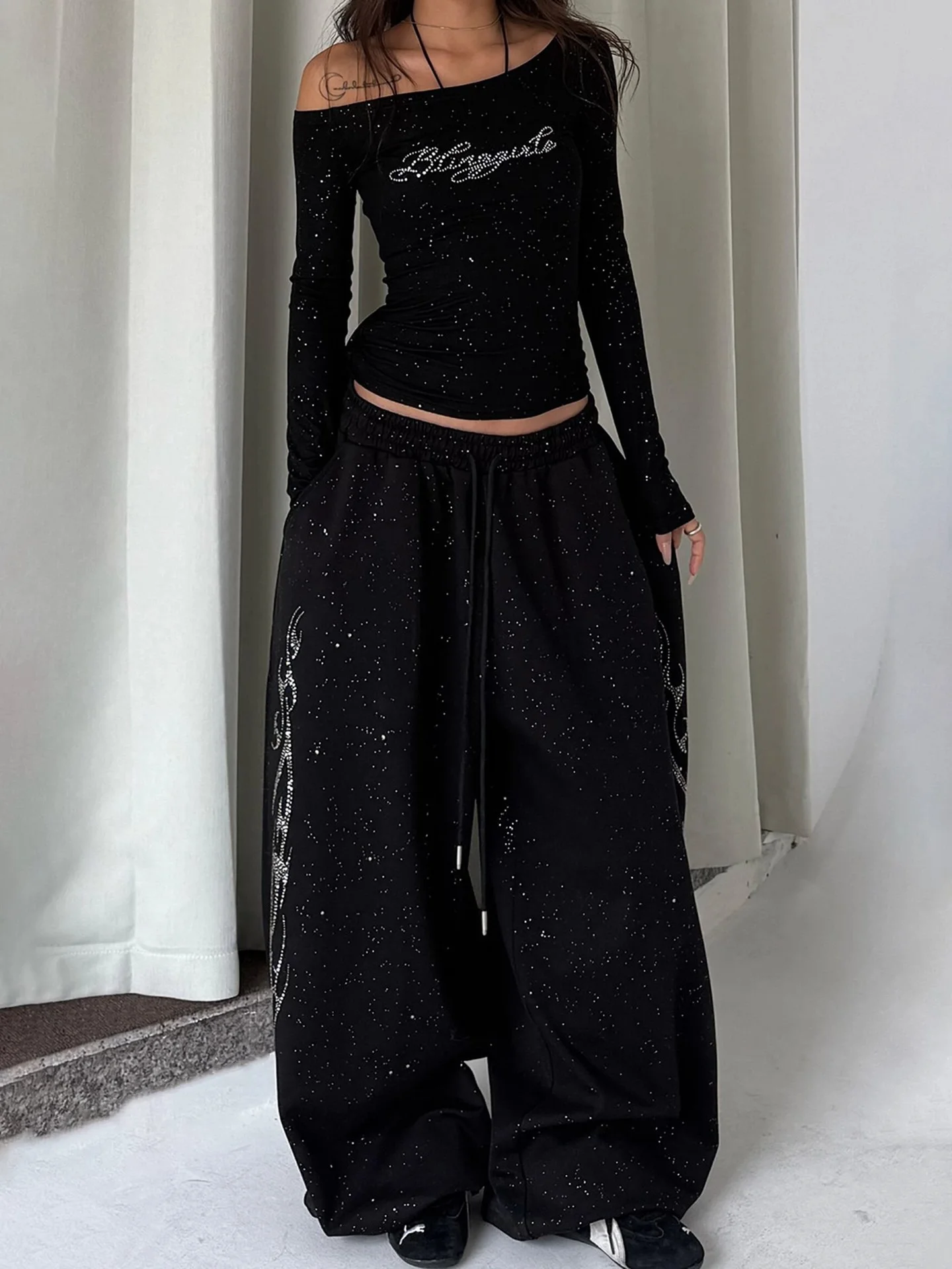 American Hip Hop Style Glittering Diamond Wide Leg Pants Loose Fit Sporty Jazz Dance Casual Trousers for Women