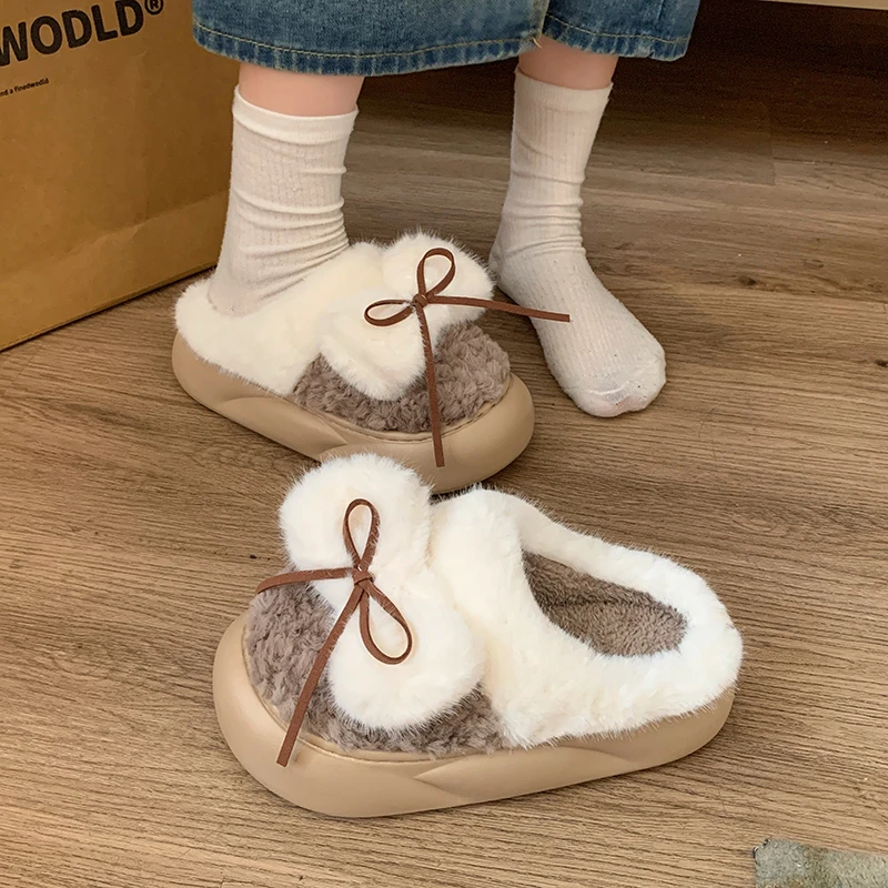 Bow Fur Slippers Women Snow Boots Flats Platform Home Cotton Shoes 2024 Winter New Plush Warm Slides Furry Mules Zapatos Mujer