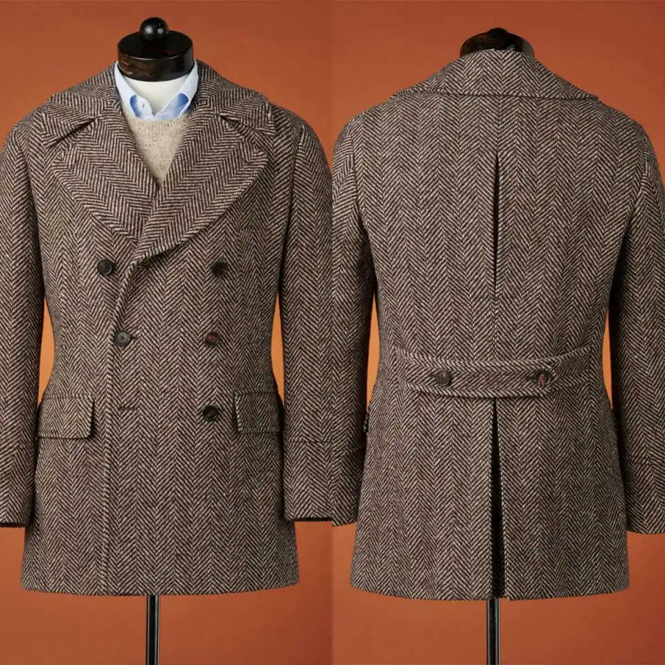 

Customized Retro Men's Tweed Jacket Wool Herringbone Double Breasted Tailored Coat Groom Winter Wear Tuxedos