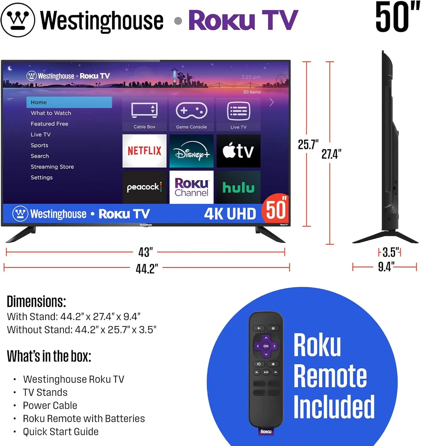 Roku TV - 50-calowy telewizor Smart TV, telewizor LED 4K UHD z przewodnością Wi-Fi i aplikacją mobilną, telewizor z płaskim ekranem, kompatybilny z zestawem Apple Home