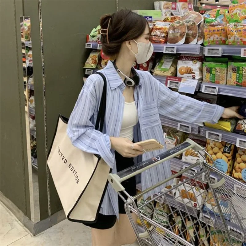 Striped Shirts & Blouses For Women Elegant Chic High Quality Clothing Trend 2025 Pretty Promotion Youth Cool Button Up Woman Top