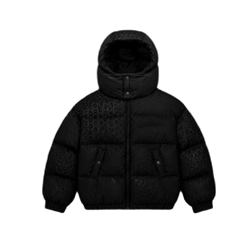 Women Leopard Jacquard Puffer Jacket Hooded High Collar Zip Snap Button Loose Cropped Drop Shoulder Warm Coat Ladies Outerwear
