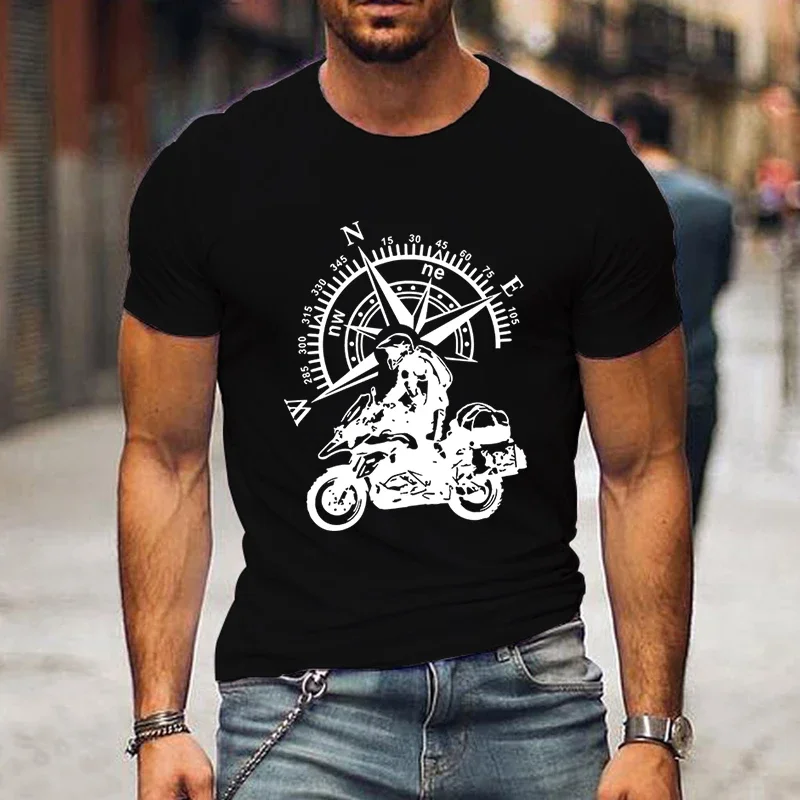 

Fun motorcycle mountain climbing adventure printed T-shirt, hip-hop street 100% pure cotton men's casual loose top