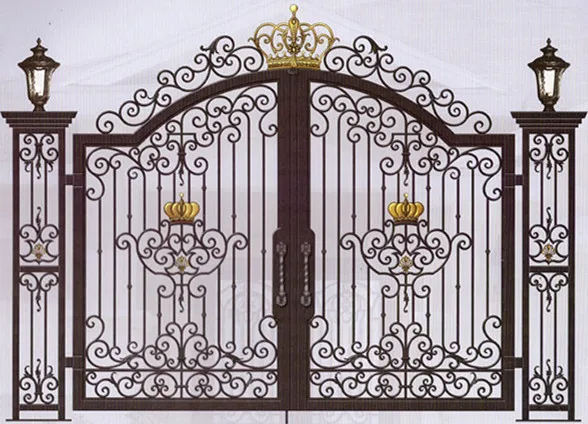 Luxury Home Garden Wrought Iron Gate Classical European Arched Top Forged Iron Double Gate with Decorative Gold Finishing