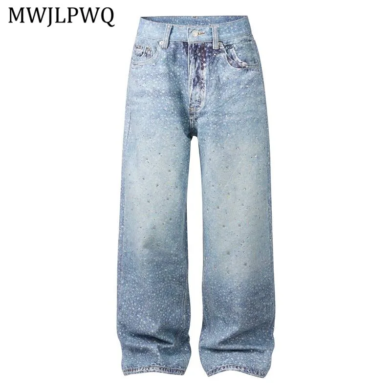 MWJLPWQ American Hip Hop Rhinestone Jeans Men's Trend Vintage Printed Design Streetwear Loose Straight Wide Leg Pants Tide 20254