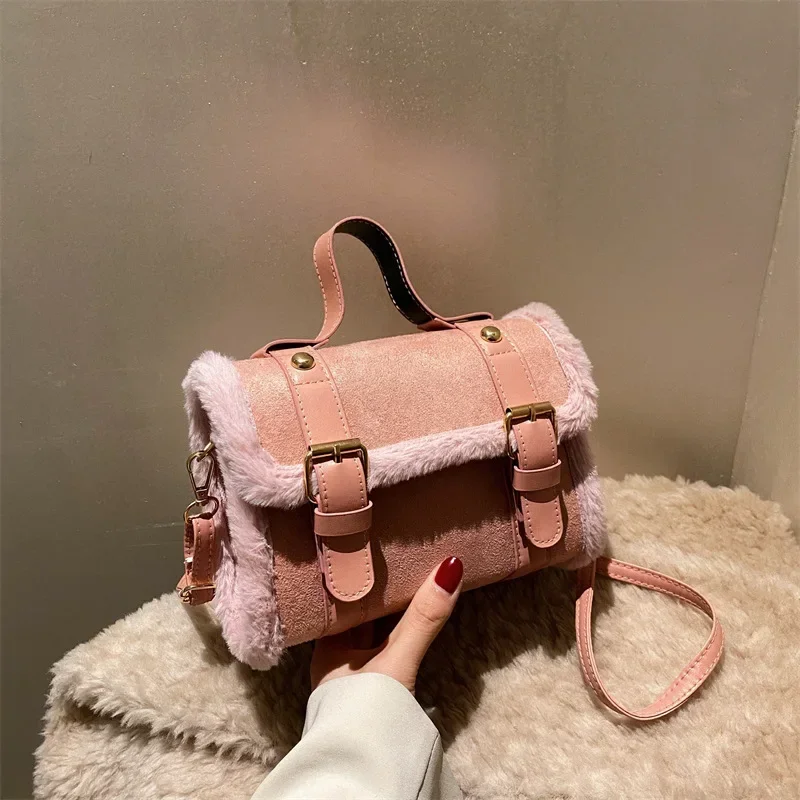 Winter Crossbody Tassen Voor Vrouwen Schoudertas Nieuwe Lam Pluche Fluwelen Tas Dame Kleine Vierkante Handtas Franse Korea Stijl