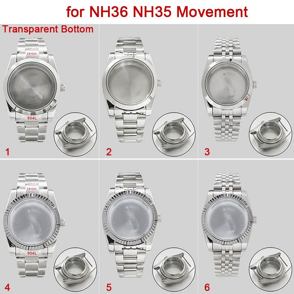 Imagem -05 - Pulseira e Caixa de Relógio Prateada Vidro Plano Safira Pulseira de Aço Inoxidável Nh36 Movimento Nh35 36 mm