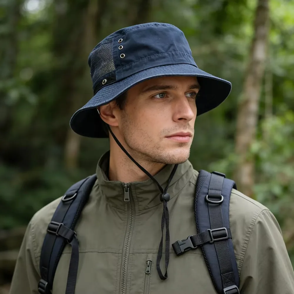 Classic Washed Cotton Bucket Hat Solid Color Snap Button Fisherman Hat With Windproof Rope Spring Summer Hat Men And Women