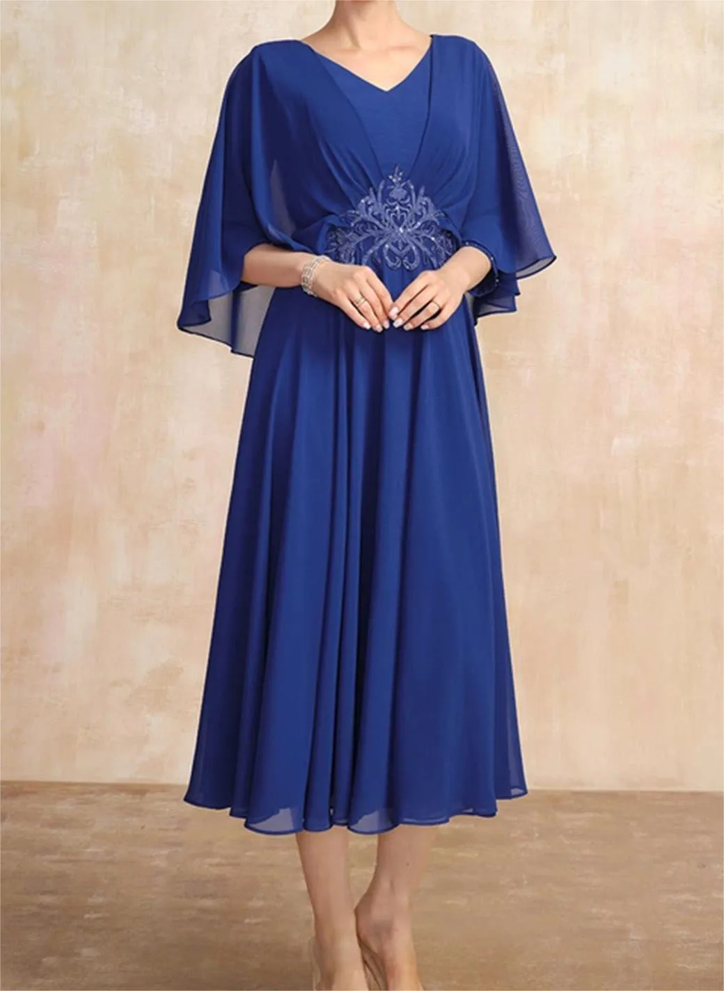 

The Bride'S Mother Dress V-Neck Cropped Sleeves Lace Belt Appliqué Diamond-Mounted Elegant Royal Blue Chiffon Fabric Evening New