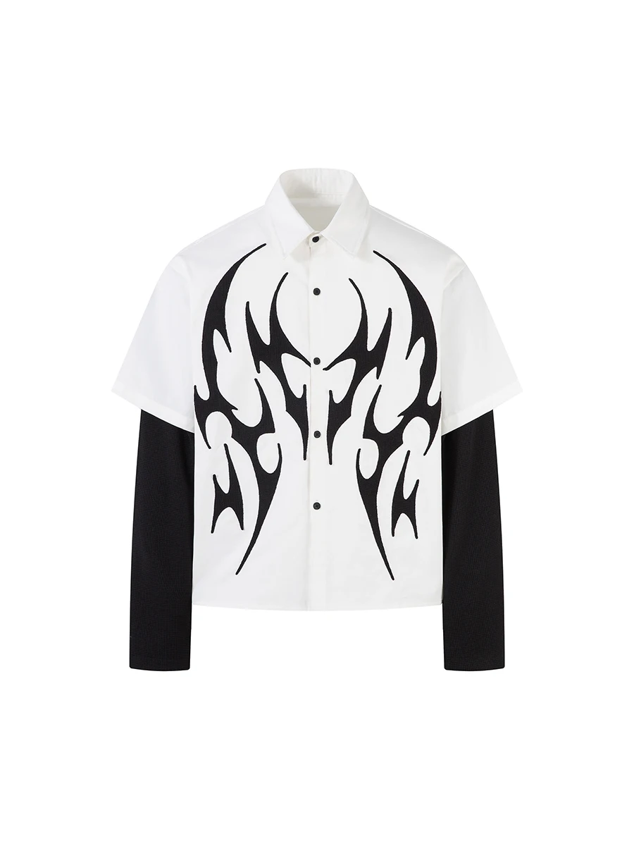 

Loose Fit Flame Embroidered Patchwork Long Sve irt Trendy Brand American High Street Sle Fake Two-Piece Design Casual ...