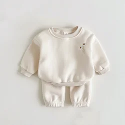 Winter Baby Girls Boys Clothes Thick Plush Minimalist Style Flowers Embroidery  Warm 2PCS Sweatshirt + Pant Kids Tracksuit