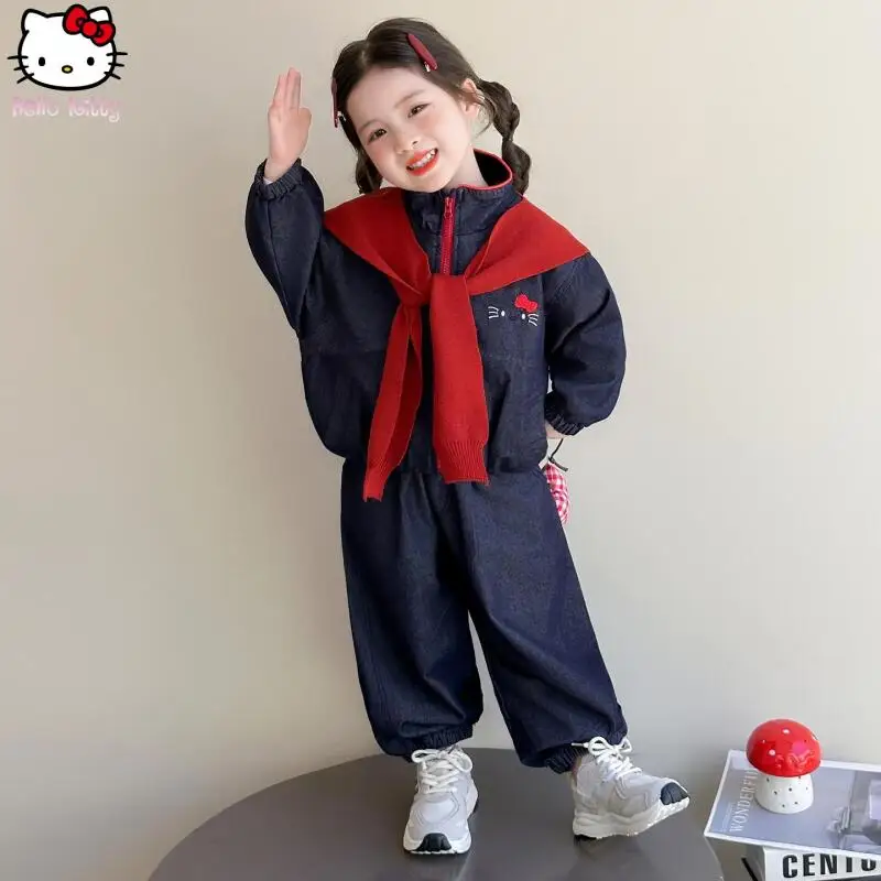 

Sanrio Kids Halloween Hello Kitty Shawl Jacket Pants Set Anime Spring Autumn New Cartoon Kawaii Girls Denim Zipper Shirt Jeans
