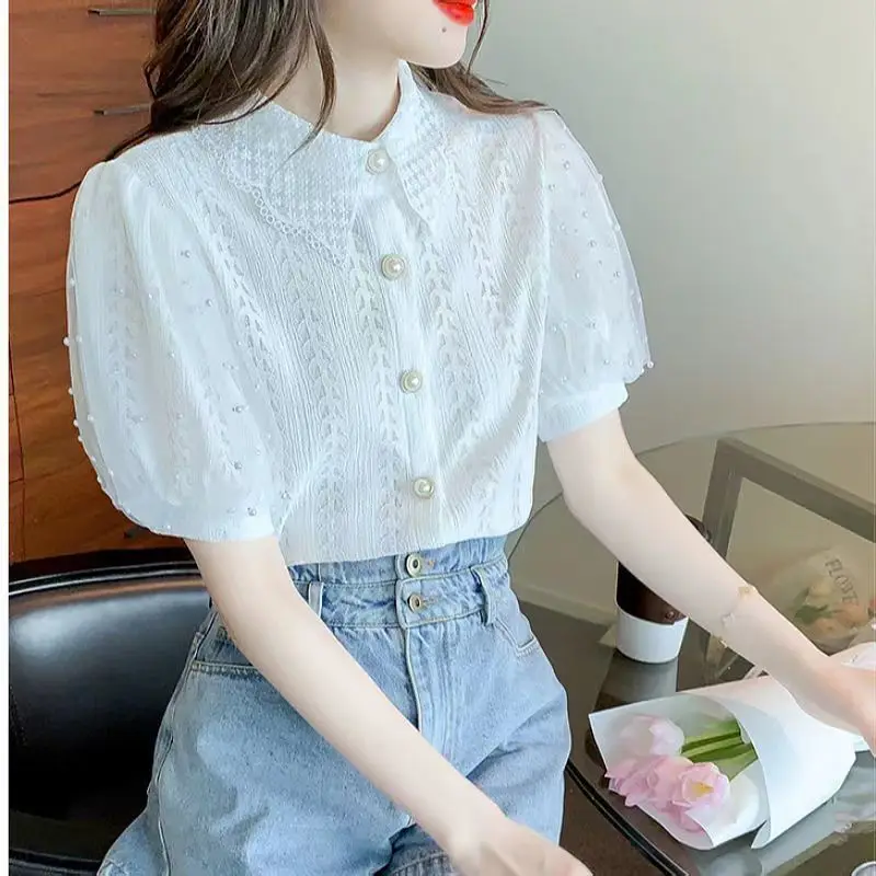 Net Yarn Hollow Out Lace Shirt Tops Summer New Short Sleeve Solid Color Loose Button Korean Blouse Fashion Elegant Women Clothes