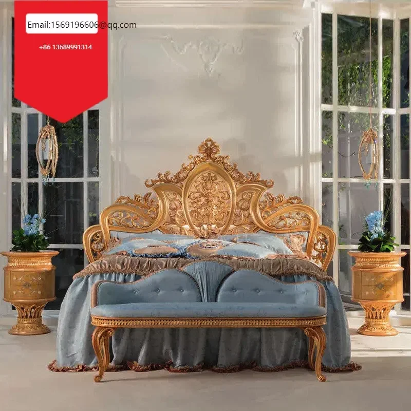 

Custom-made luxury all-solid wood palace villa hand-carved French double bed princess bed