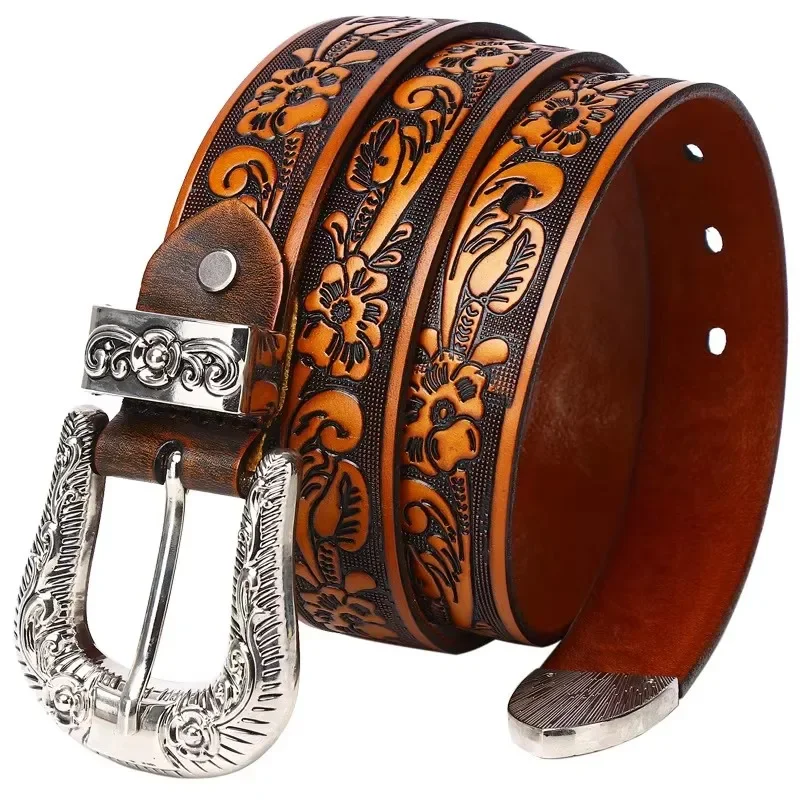 38-センチメートル新人デザイナーレトロローズフラワーエンボスレザー彫刻印刷ベルト女性牛革本革ピンバックルベルト-p76