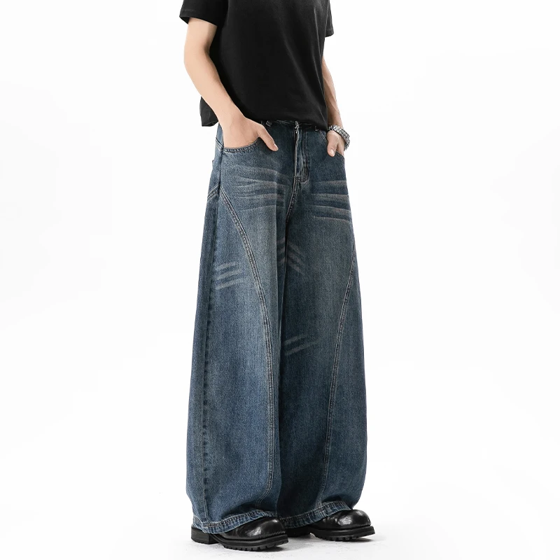 Men's Distressed Jeans Casual Wide Leg Jeans Deconstructed Patchwork Washed Denim Drawstring Waist Streetwear Pants