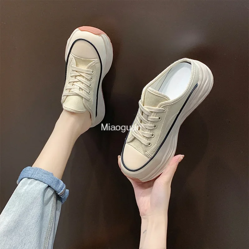 Ladies Slippers Wear Resistant Non-slip 2024 Spring Versatile Casual Comfortable Lace-Up Canvas Platform Woman\'s Slippers