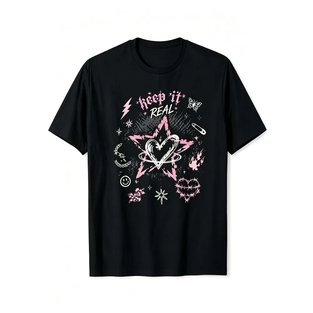 2026 New Y2K Punk Heart Star Graphic T-shirt, Keep It Real Slogan Print, Unisex Round Neck Short Sleeve Street Top
