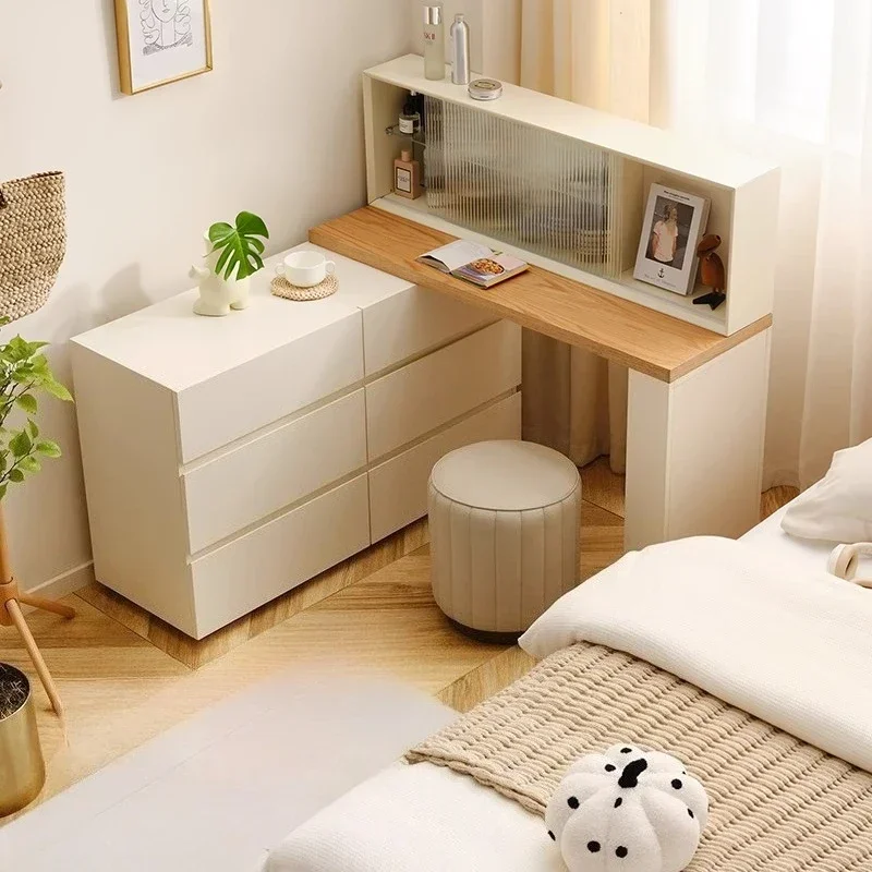 Vanity Desk Mirror Seat Retractable Dressing Table Makeup Vanity Makeup Desk Number Of Drawers 6 Cream Style Bedroom Furniture